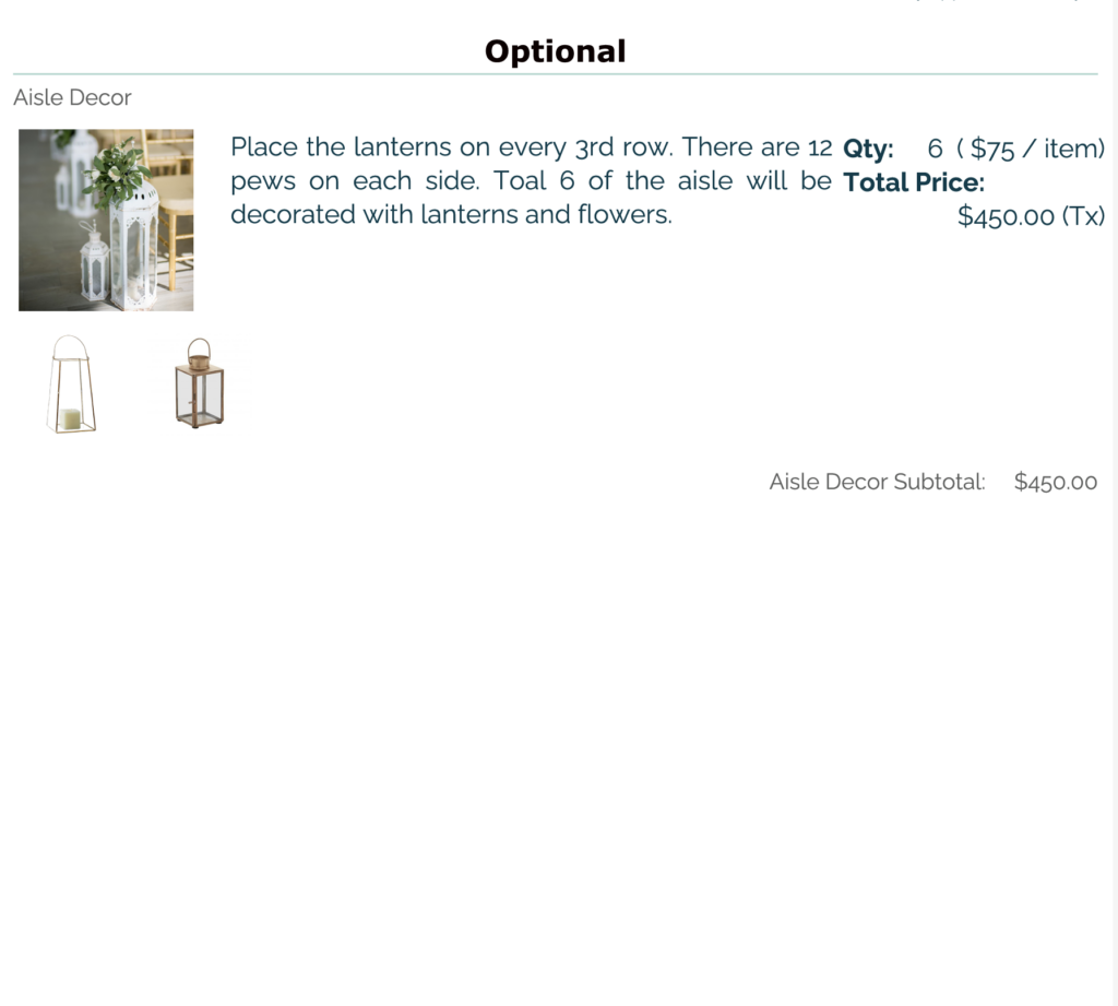 Floral Proposal Optional Items Page